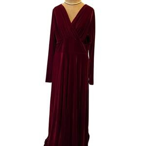 Deep red velvet maxi dress faux wrap wide midriff  v neck long sleeve party